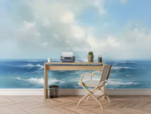 Soft Ocean Blue with Clouds Wallpaper Mural in Peel & Stick Canvas Vinyl or Non-Woven