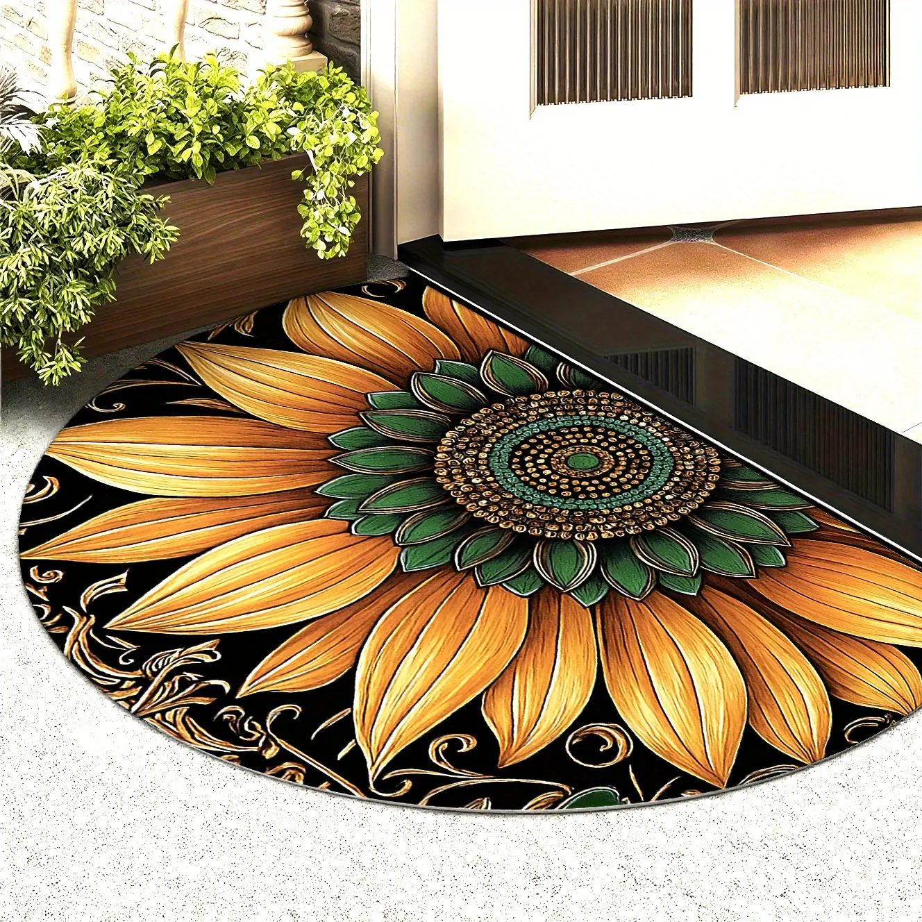 Vintage Sunflower Decorative Rug, Absorbent Half-Round Door Mat for Indoor Entrance, Kitchen Home Decoration, Nature-Print Semi-Circle Bath Mat