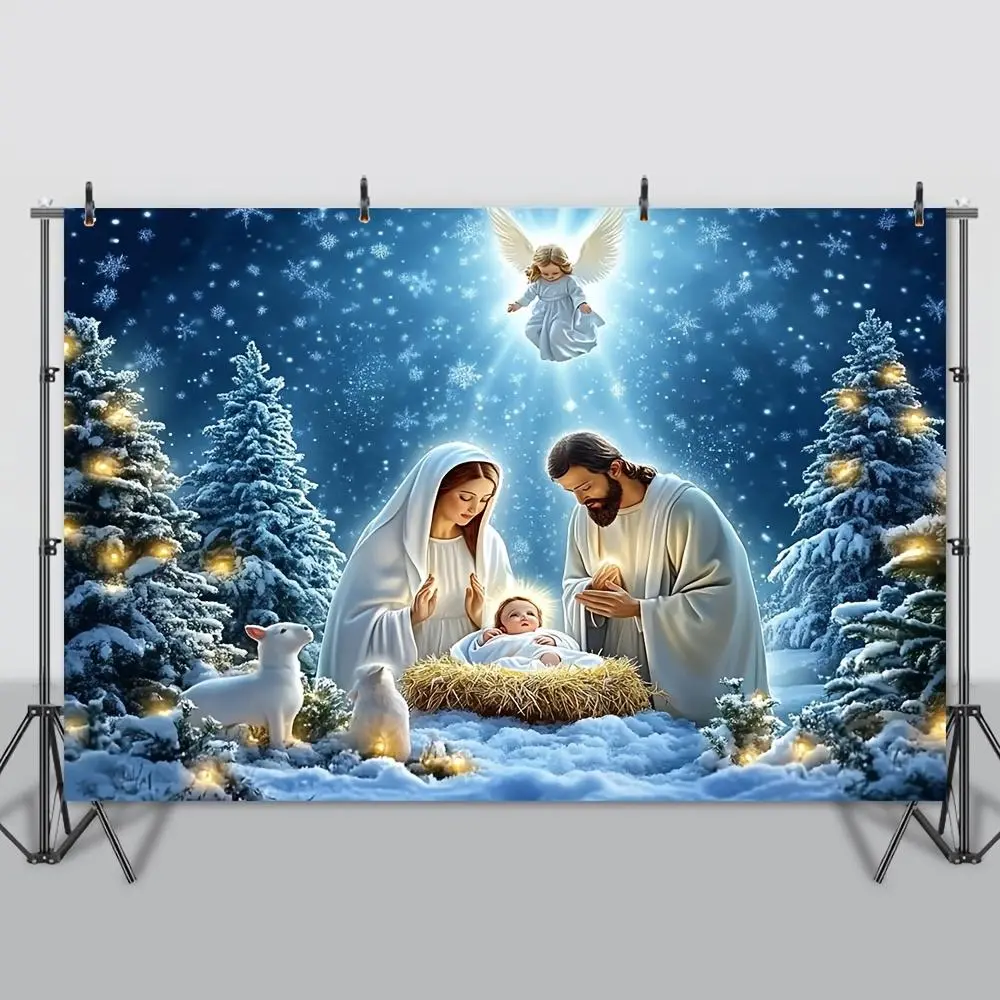 Christmas Nativity Scene Banner - 1pc Printed Flat Layout Polyester Fabric Religious Wall Decor, Snowy Trees, Angel Ornaments Festive Backdrop for Home, Garden, Birthday Celebrations