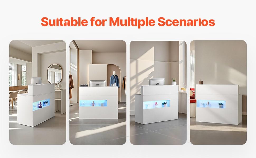 47-Inch Rectangular Reception Desk With LED Lighting, Front Counter Table, Office Welcome Desk With Two Drawers, Built-In Power Outlets And Cable Management, Ideal For Checkout, Lobby, Beauty Salon, Clinic Or Office, White