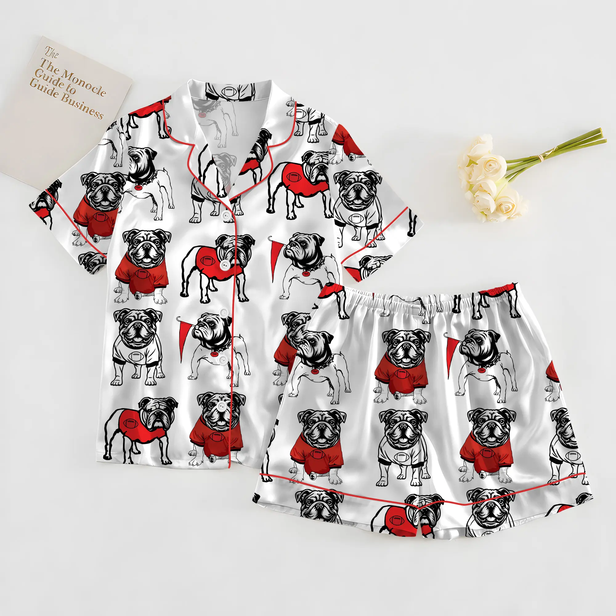 Bulldogs Satin Pajama Set, Pitbull Pajamas, Bulldogs Football Satin Pajama Set: Women's Luxury Sleepwear