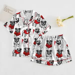 Bulldogs Satin Pajama Set, Pitbull Pajamas, Bulldogs Football Satin Pajama Set: Women's Luxury Sleepwear