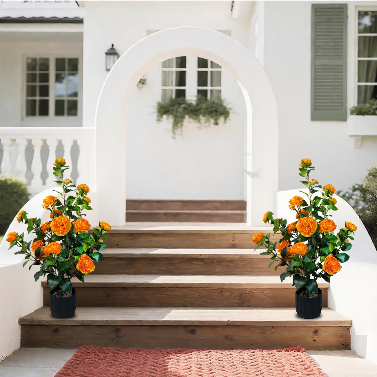 2 Pcs 3ft Artificial Camellia Trees with 24 Realistic Flowers 188 Leaves Decorative Pebbles and Planter for Indoor Home Office Outdoor Courtyard Decor