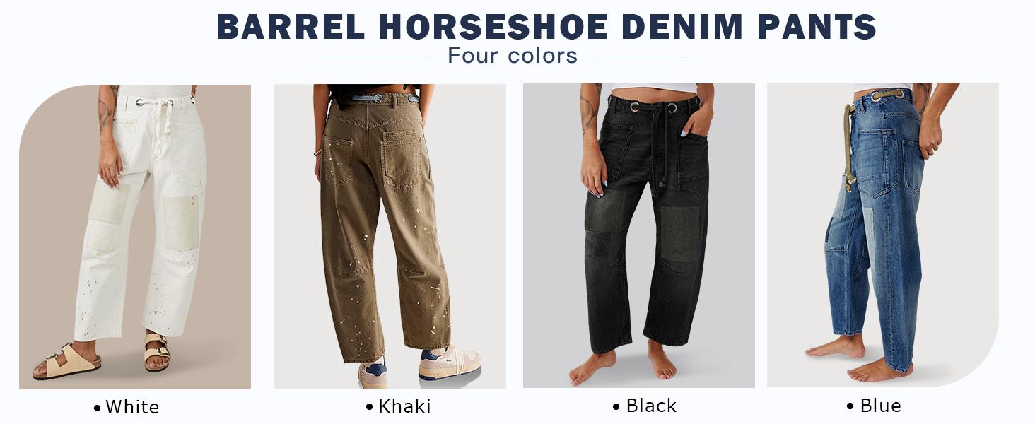 Cicy Bell Women's Baggy Barrel Horseshoe Jeans Wide Leg Patchwork Low Rise Denim Pants with Pockets Streetwear Bottom Fitted Basic Trouser for Stylish Womenswear