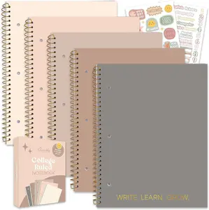 Decorably 5-Pack 140 Pages Gold Foiled Spiral Note Books College Ruled with Stickers, 8x10.5in Spiral Bound Cute College Ruled Notebook, 3-Hole Punched, Easy Tear-Off Perforated Pages - Work, School