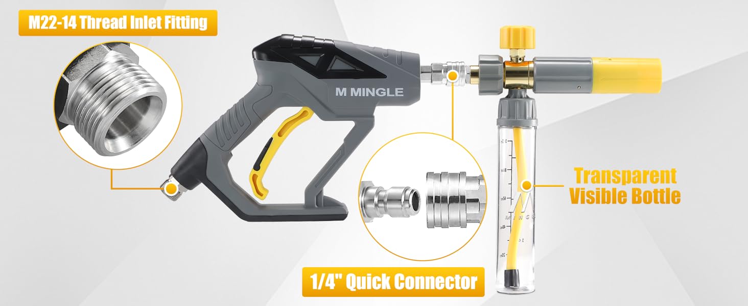 M MINGLE Pressure Washer Spray Lance with Mini Foam Cannon, Dual Connector Accessory, Undiluted Foam Blaster with 5 Nozzle Tips, 1/4" Quick Connect for Car Wash, Patio, Deck Cleaning