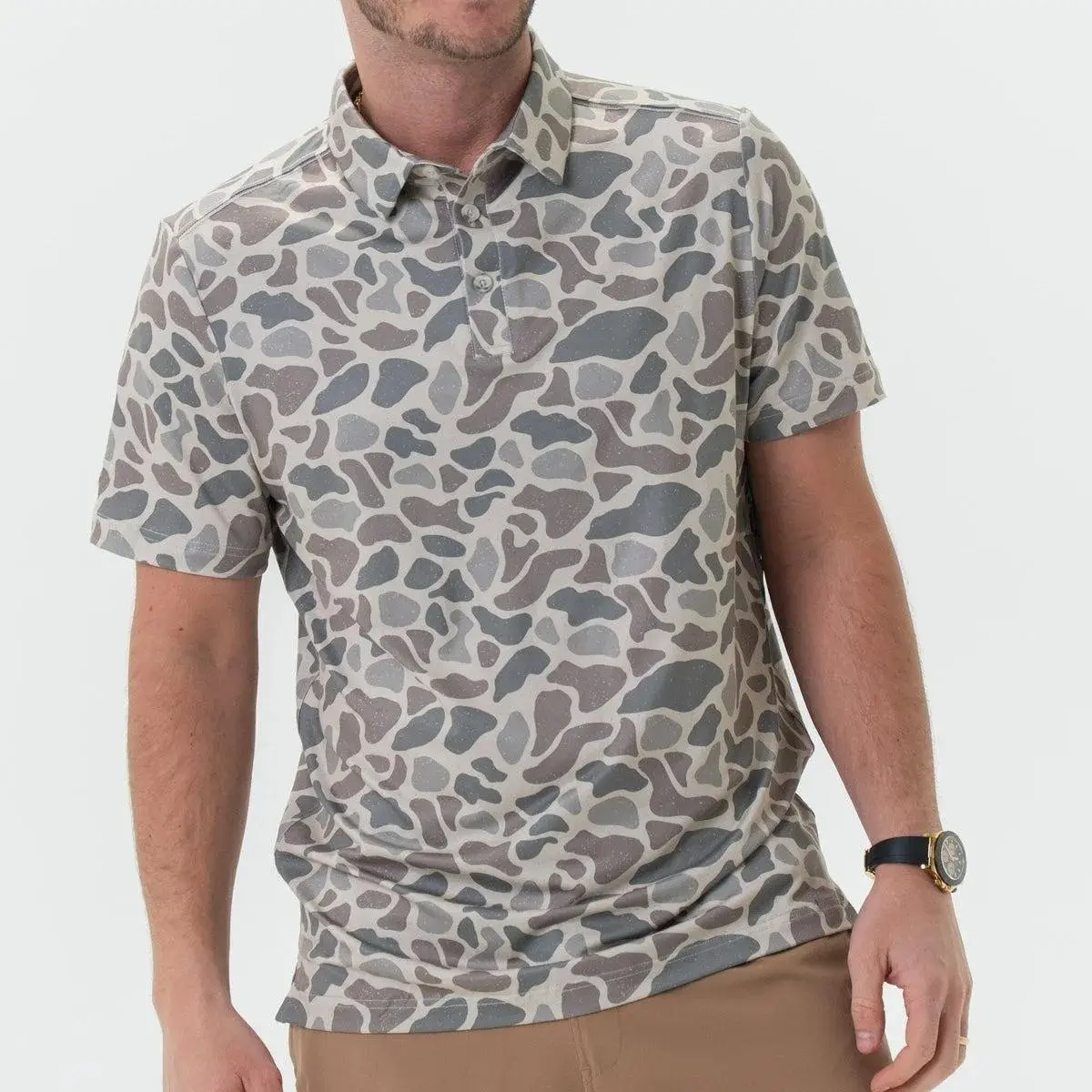 Men’s Deer Camo Golf Polo Shirt – Perforated Breathable Hunting Camo Performance Polo for Men