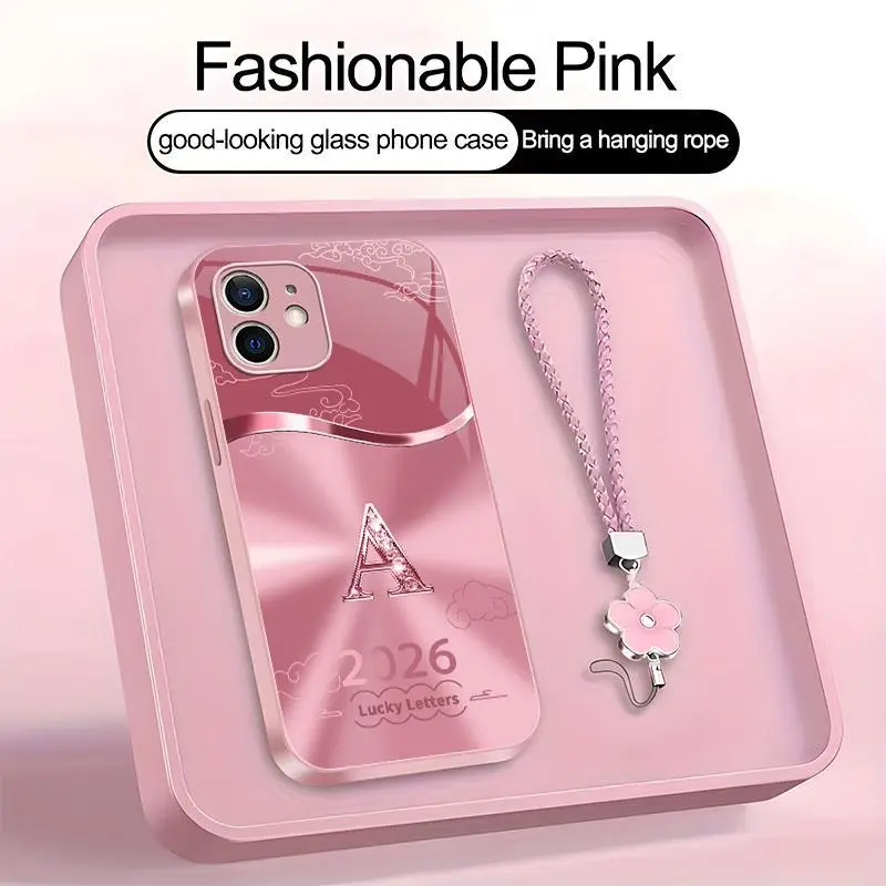 Suitable for [iPhone 12] high-end women's phone case🤩，a free four-leaf clover lanyard is included, with 26 letters of the alphabet to choose from，auspicious cloud patterns bring you good luck YM99