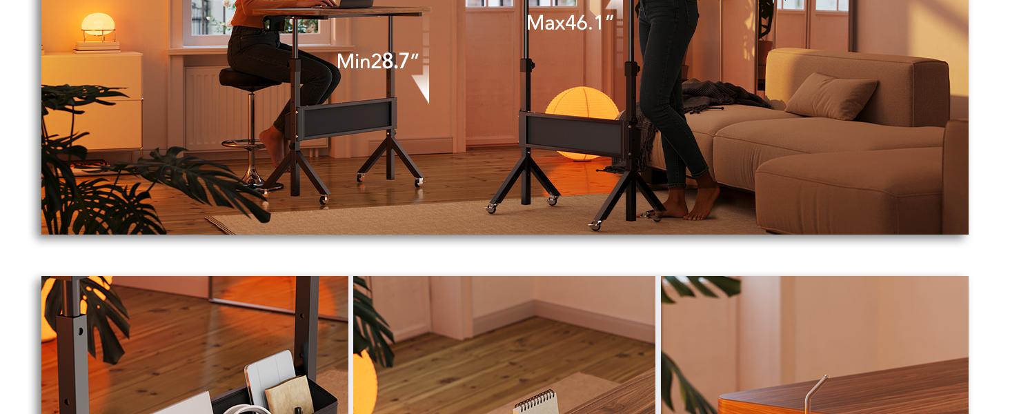 Adjustable Rolling Desk: Height adjusts from 28.7" to 46.1", perfect for use with a walking pad or treadmill. The 31.5" x 15.75" tabletop offers ample space, making it a portable, ergonomic workstation.