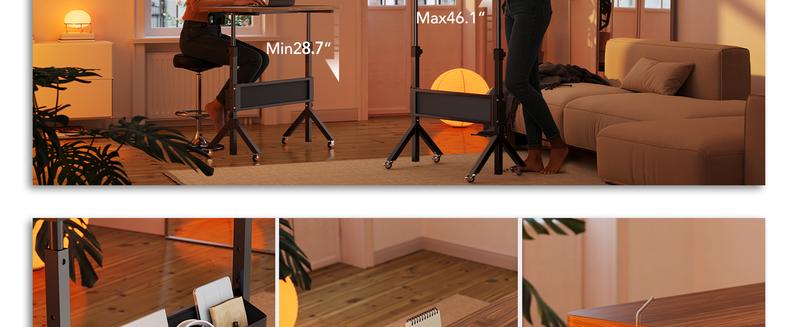 Adjustable Rolling Desk: Height adjusts from 28.7" to 46.1", perfect for use with a walking pad or treadmill. The 31.5" x 15.75" tabletop offers ample space, making it a portable, ergonomic workstation.