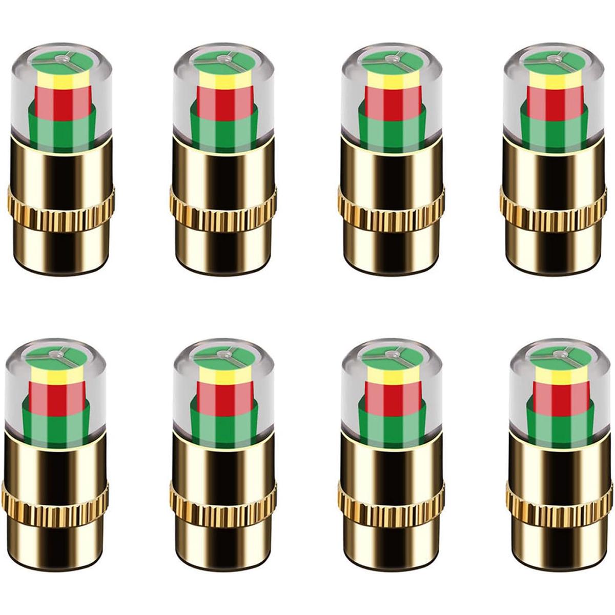 8Pcs Car Tire Pressure Monitor Valve Stem Caps, 2.4Bar 36 PSI Tire Pressure Sensor Indicator Easy to Read 3 Color Eye Alert for Most Car Truck SUV, Gold