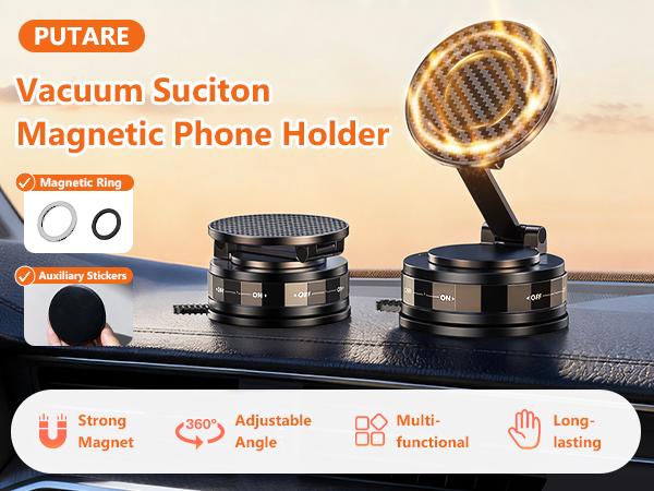 PUTARE Vacuum Magnetic Car Phone Holder Compatible with MagSafe, 360° Rotating Ultra-Strong Suction Cup Mount for Car/Vlog Shooting, Windshield/Dashboard/Wall Stand for All Phone Models, Carbon Fiber Coffee PUTARE Vacuum Magnetic Car Phone Holder Compatible with MagSafe, 360° Rotating Ultra-Strong Suction Cup Mount for Car/Vlog Shooting, Windshield/Dashboard/Wall Stand for All Phone Models, Carbon Fiber Coffee