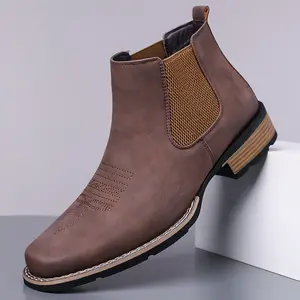 Men’s low-top smooth leather boots, classic comfortable Western cowboy style, Chelsea design, fashionable business casual shoes. Printed Leather botapa rahombre para hombre Footwear