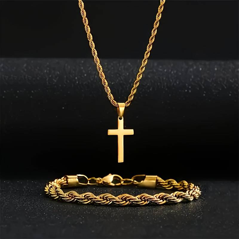 2pcs Stainless Steel Cross Necklace and Bracelet Set for Men, Twisted Rope Cross Pendant Jewelry Set for Men and Women, Perfect for Casual Parties