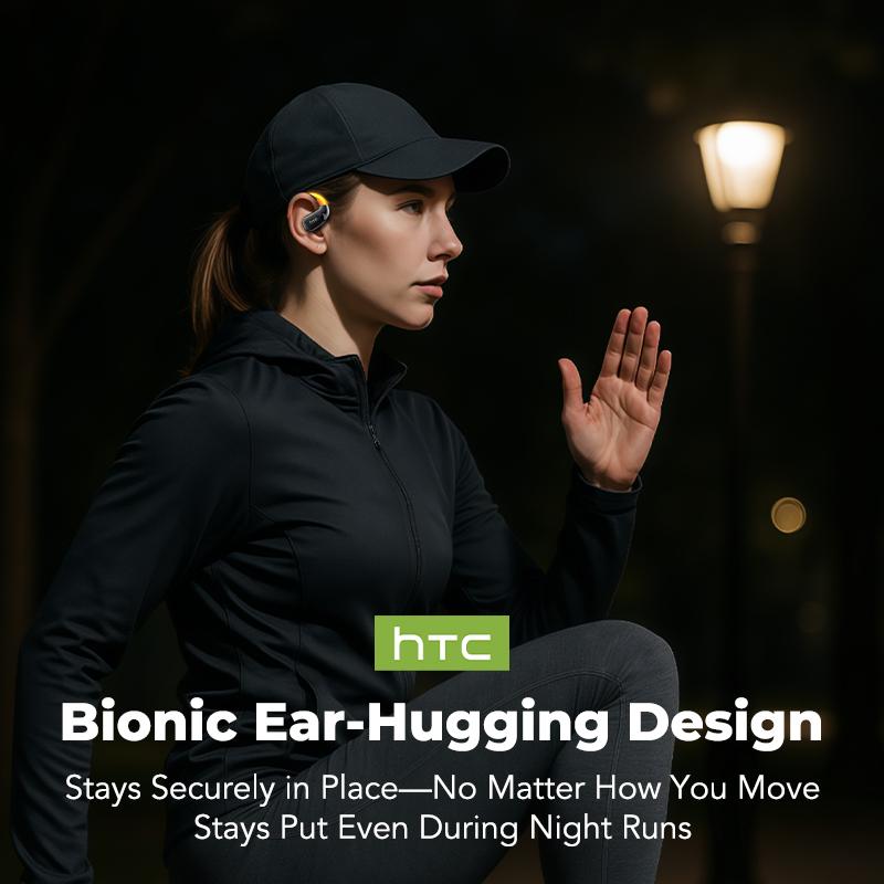 HTC Open-Ear True Wireless Bluetooth Headphones with Microphone LED Smart Controls Earbuds with Earhooks Sweat Resistant Wireless Earphones 48HRS Playtime Headsets Compatible with all Phone Glow Light Strip for Safer Night Running