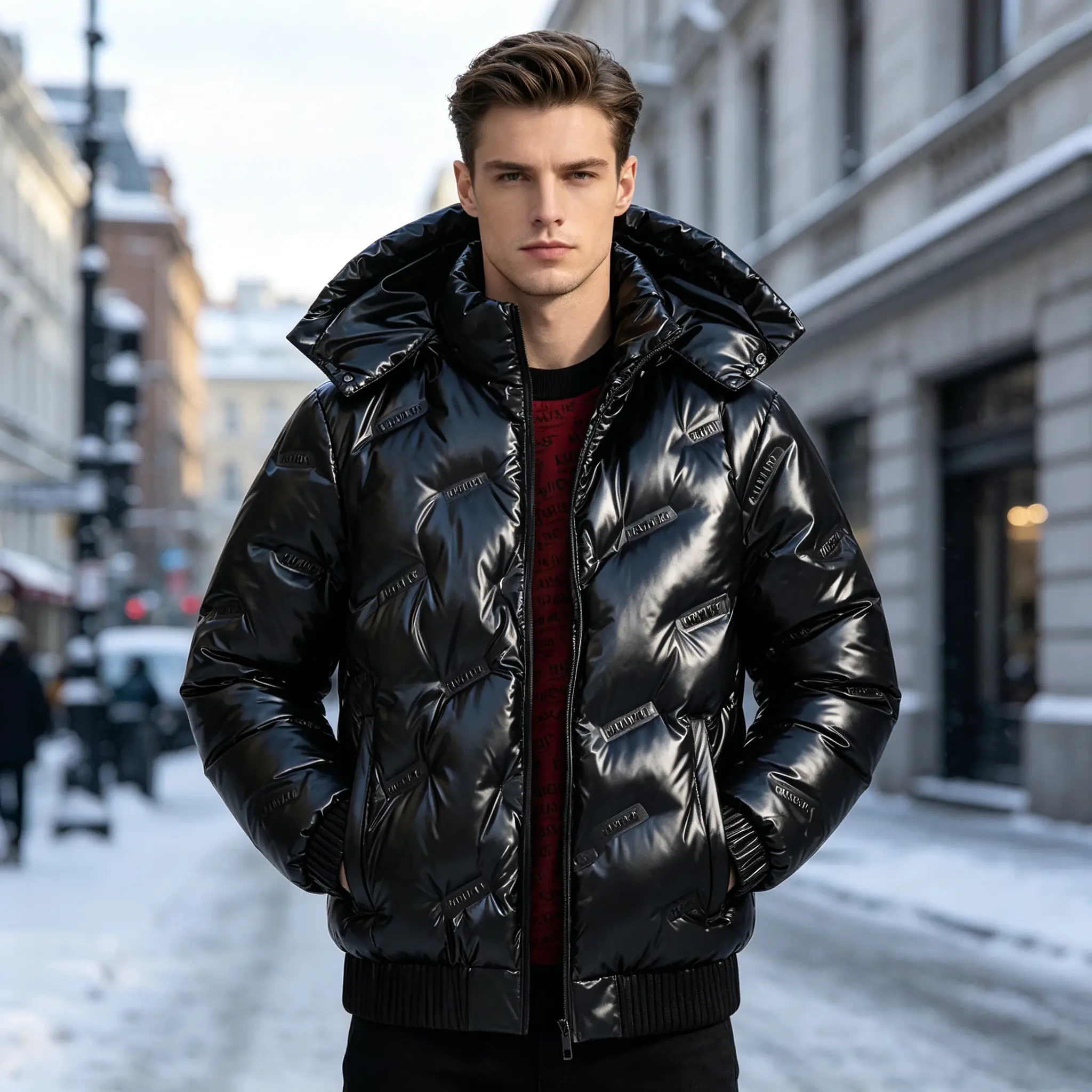 Men’s Glossy Black Hooded Down Coat - Menswear Long Sleeve Aesthetic Top with Embossed Logo, Stitched Design, Elegant Warm Insulation for Everyday Casual Wear, Snowy Days