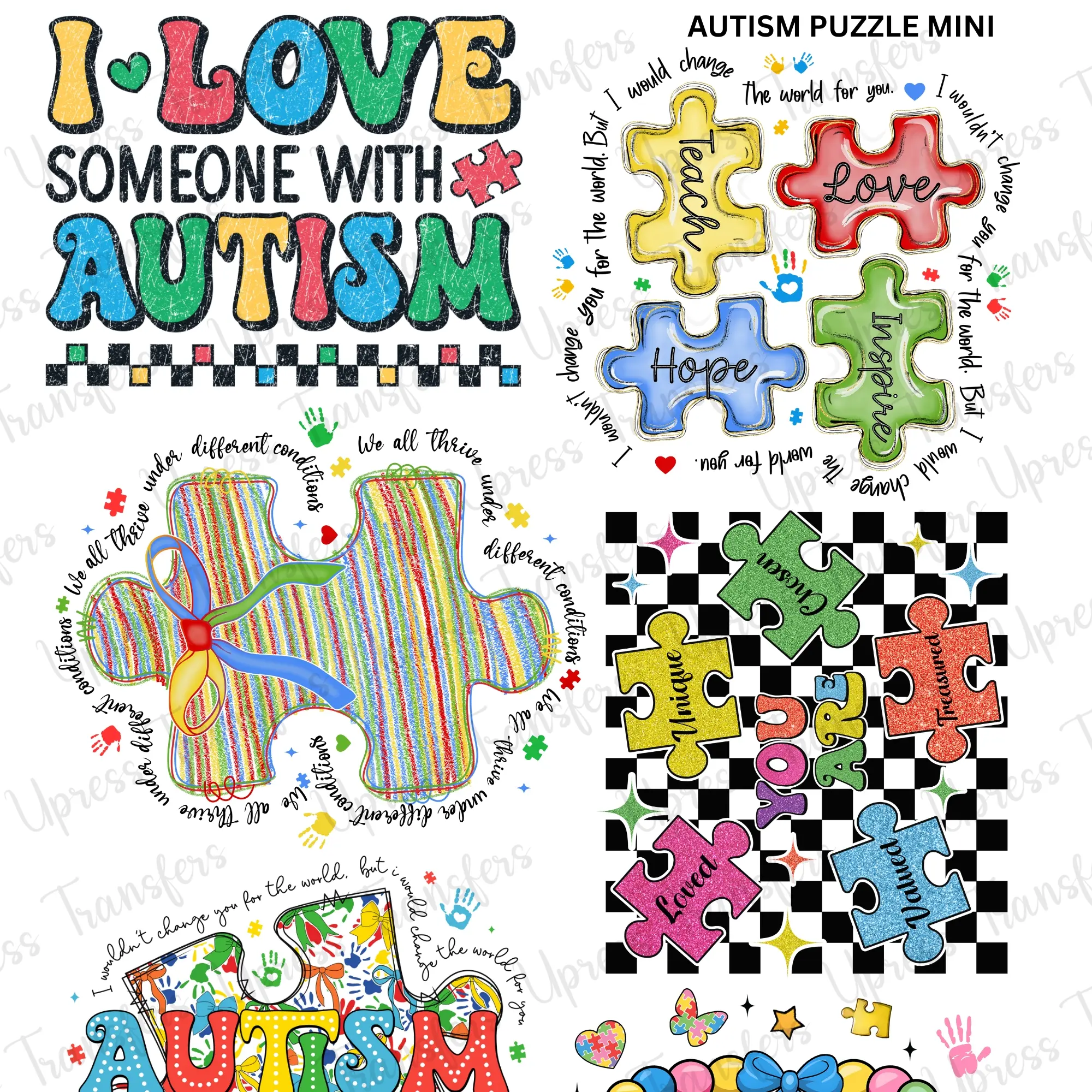 Autism Puzzle Mini DTF Transfer Gang Sheet 24.5" Wide x 36" Long Direct To Film Trendy Vibrant Designs for Stylish Wardrobe