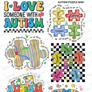 Autism Puzzle Mini DTF Transfer Gang Sheet 24.5" Wide x 36" Long Direct To Film Trendy Vibrant Designs for Stylish Wardrobe