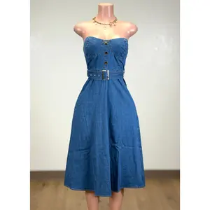 LOVIS BLUE DENIM STRAPLESS MIDI DRESS
