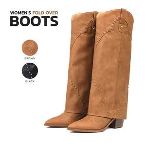 Womens Cowboy Fold Over Boots Pointed Toe Chunky Block Heel Pull On Wide Calf Stud Fashion Classic Party Dress Western Cowboy Trendy Booties