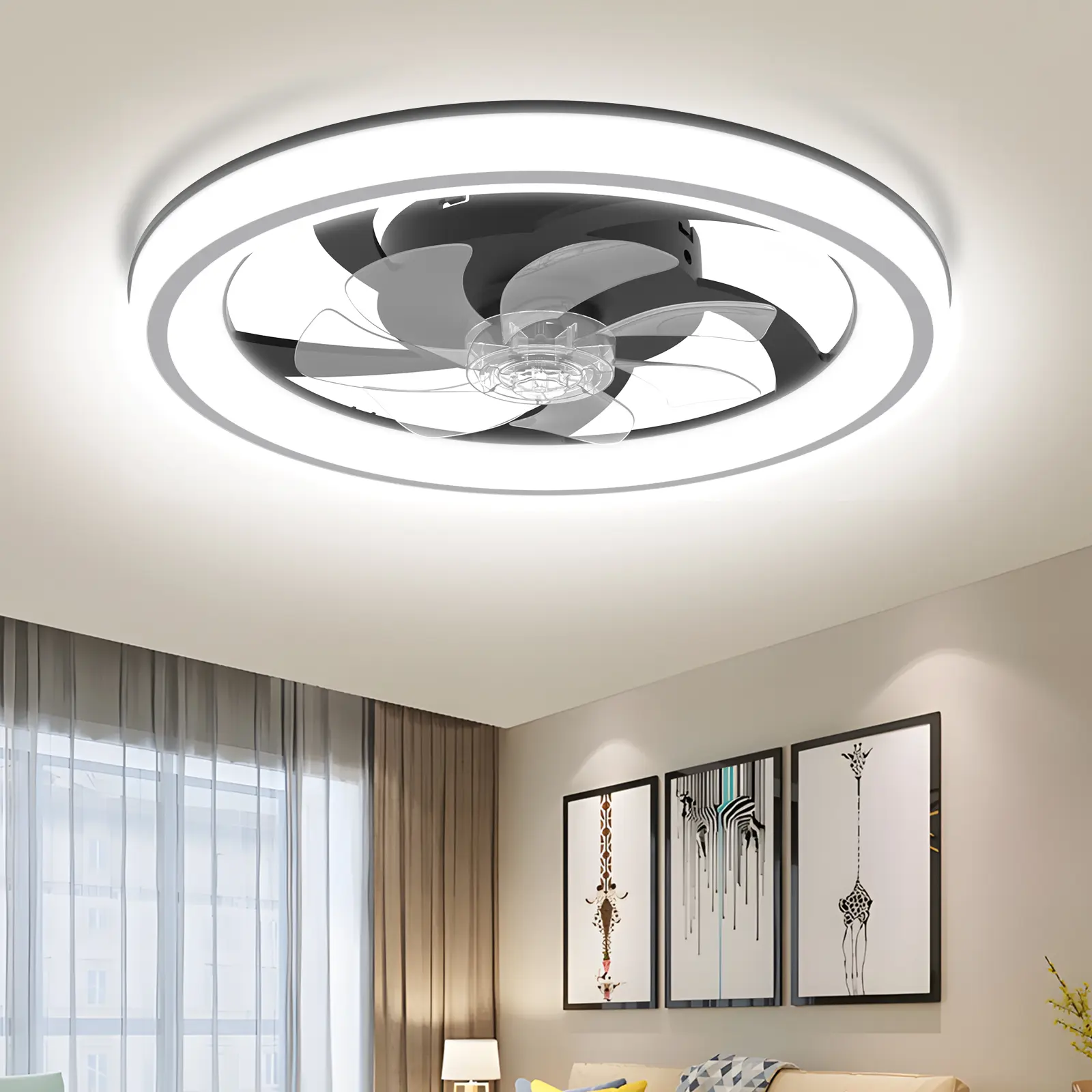 GLITGATE Modern LED Ceiling Fan with Light & Remote - 6-Speed, 3 Color Temperatures (Warm White/Nature White/Pure White), Dimmable Brightness, Timer Function, App & Remote Control, Flush Mount Design for Bedroom or Living Room, BackToSchool