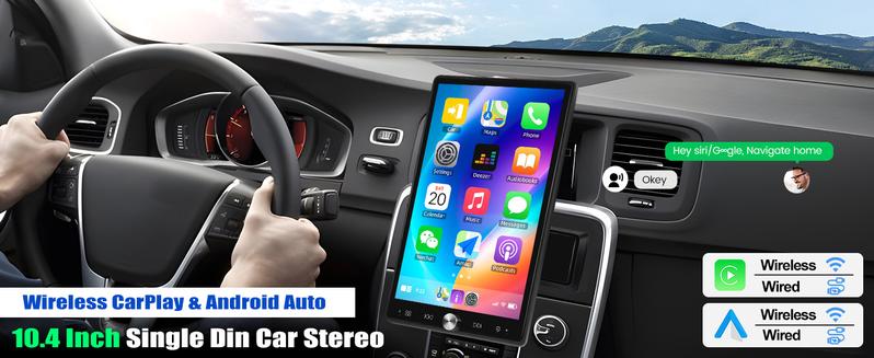 10.4 inch Single Din Car Stereo with Wireless Carplay Android Auto, 1080P IPS Detachable Touch Screen,5.2 Bluetooth, 12LED Backup Camera,FM Radio,USB/AUX,Mirror Link,SWC
