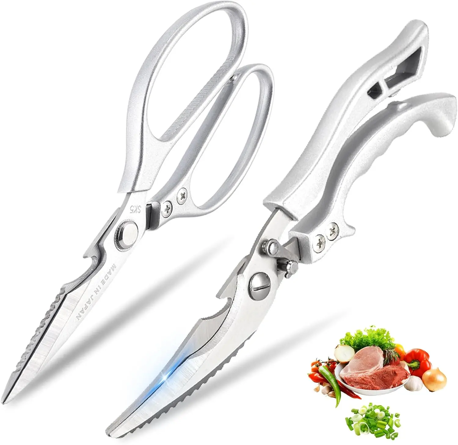 Heavy Duty Kitchen Scissors Set, 2 Pack Ultra Sharp Stainless Steel Shears with Anti-Slip Aluminium Handles and Safety Lock for Poultry, Meat, Fish