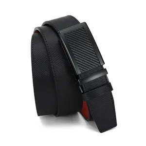 Men’s genuine leather automatic ratchet belt featuring a carbon‑fiber textured head and a red inner lining; a durable, sleek dress belt that seamlessly transitions from formal business to casual wear—an excellent gift for Valentine’s Day and Father’s Day