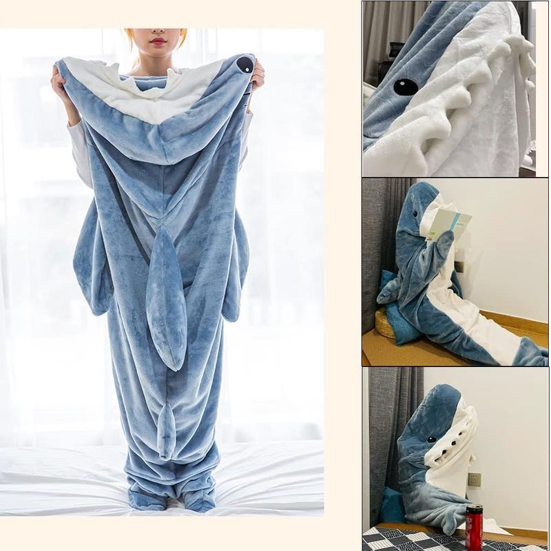 【Gift for kid or friend】Shark Onesie Blanket SuperSoftFlannel Costume Shark Blanket HoodieHome Sleeping Bagfor Kids & Adults Bedding Womenswear Loungewear Nightwear Basic