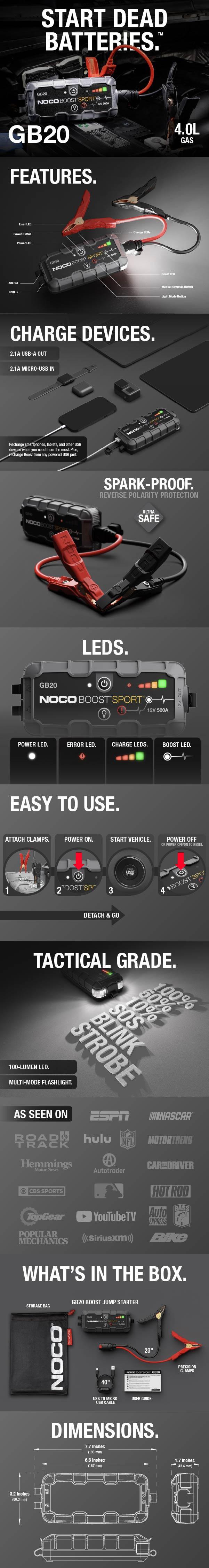 NOCO Boost Sport GB20 500A UltraSafe Jump Starter for 4.0L Gasoline Engines NOCO Boost Sport GB20 500A UltraSafe Jump Starter for 4.0L Gasoline Engines
