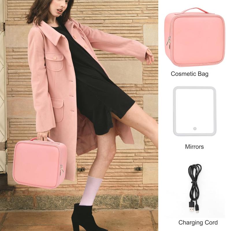 Smart LED Makeup Bag with Mirror - 3 Color Lights Waterproof PU Leather, Detachable Compartments, Travel Compact Case