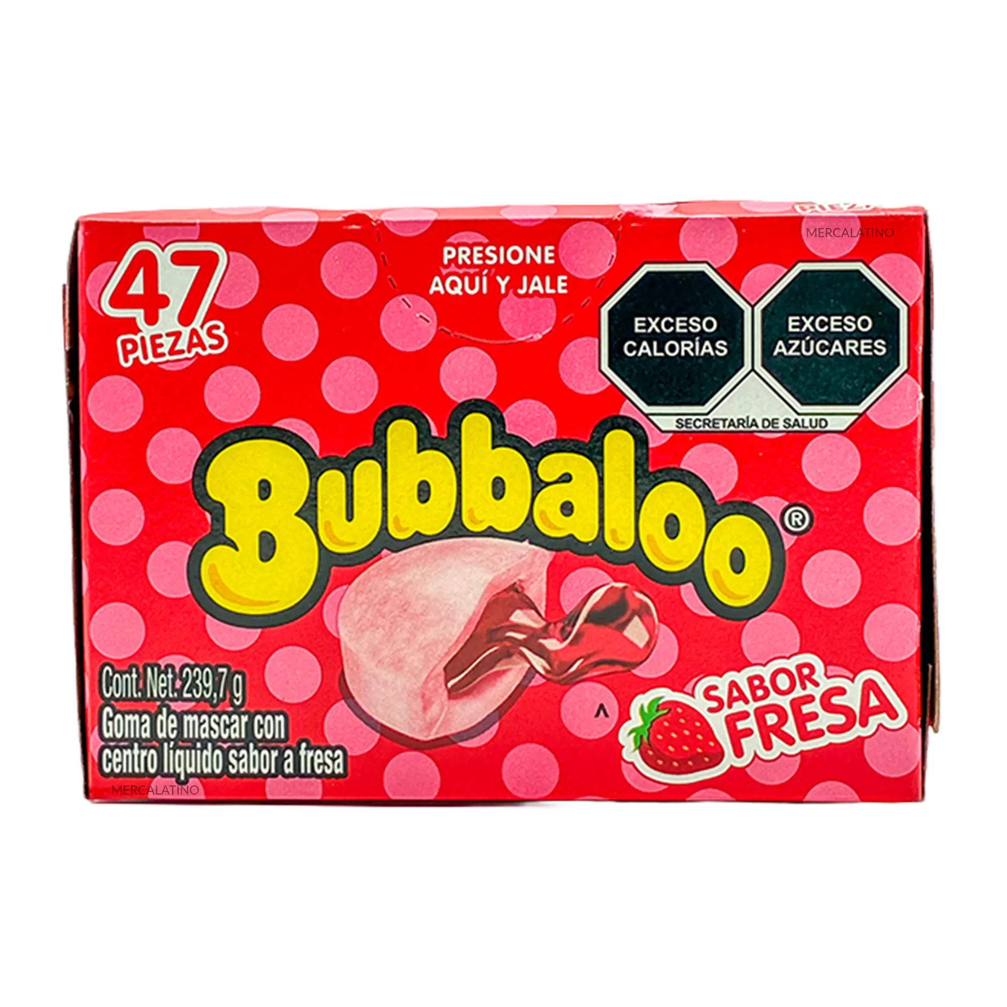 Bubbaloo Fresa Strawberry Bubble Gum with Liquid Center, 47 Count Box, Soft Chewing Gum with Strawberry Flavor, Individually Wrapped Mexican Candy for Sharing and Parties