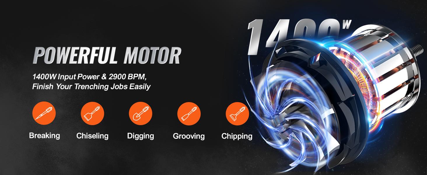 VEVOR Demolition Jack Hammer Concrete Breaker Electric Hammer 2 Chisel Bit