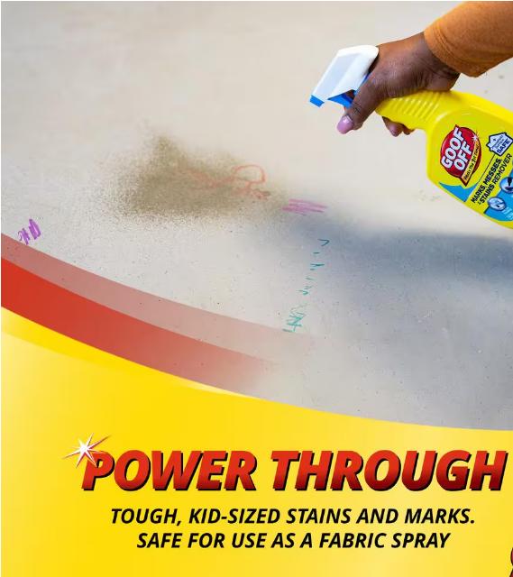 Goof Off 4 fl. oz. Marks, Messes and Stains Remover Spray, Heavy Duty Remover, Stain Remover Spray for Ink, Marker, and Lipstick on Fabric and Plastic, Safe for Clothing, Easy Spray and Wipe Formula for Tough Kids Messes and Scuff Marks