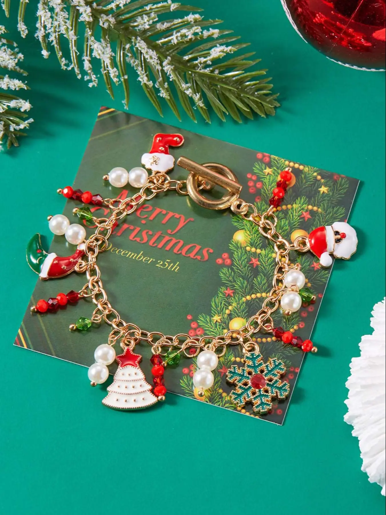 Christmas Tree Santa Claus Pendant Bracelet, Festive Jewelry Gift Idea, Unique Christmas Accessory for Holiday Season