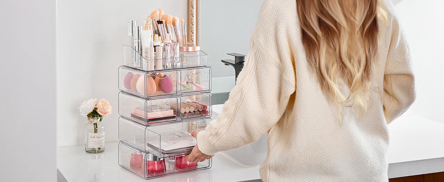 【2 Set】Vtopmart Clear Makeup Organizer with Drawer for Dresser, Countertop & Bathroom Vanity Cosmetic Storage for Lipstick Brush Skincare Organizing Tools Boxes