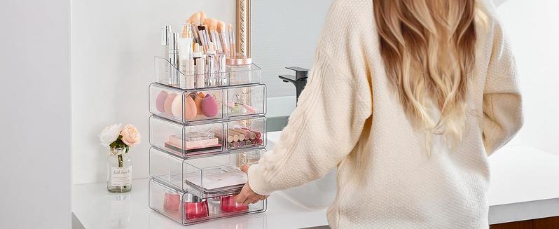 【2 Set】Vtopmart Clear Makeup Organizer with Drawer for Dresser, Countertop & Bathroom Vanity Cosmetic Storage for Lipstick Brush Skincare Organizing Tools Boxes