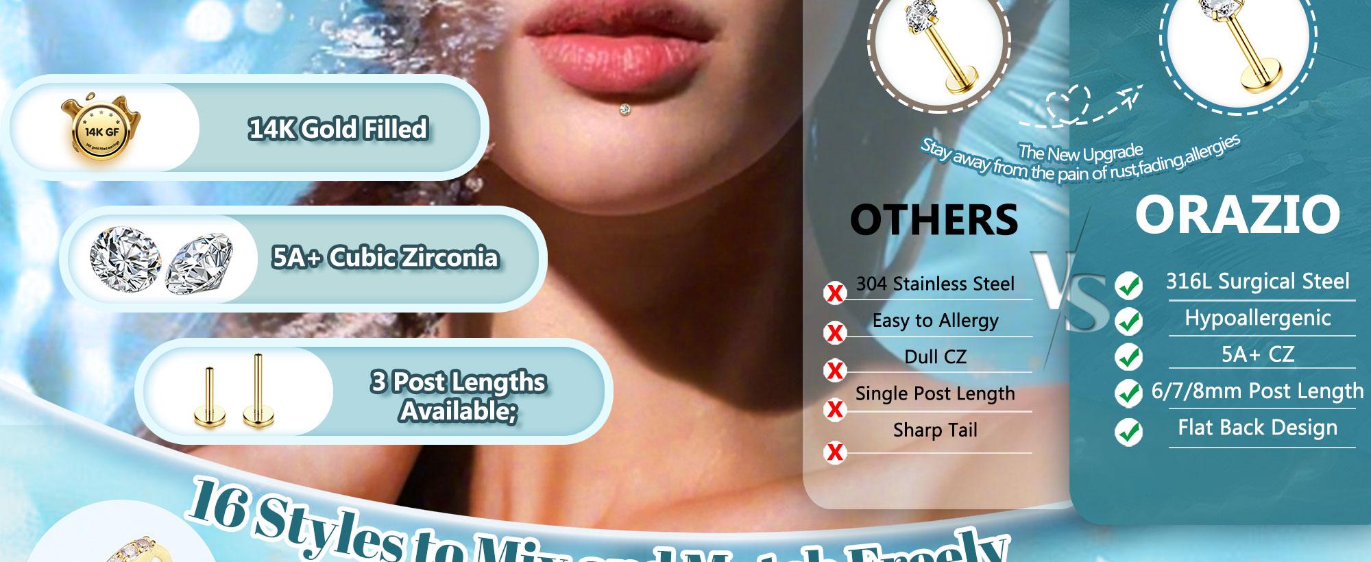 ORAZIO 14K Gold Filled Nose Rings Studs Hoops for Women Men 20G 18G Hypoallergenic Surgical Steel Threadless CZ Piercing Jewelry Set ORAZIO 14K Gold Filled Nose Rings Studs Hoops for Women Men 20G 18G Hypoallergenic Surgical Steel Threadless CZ Piercing Jewelry Set