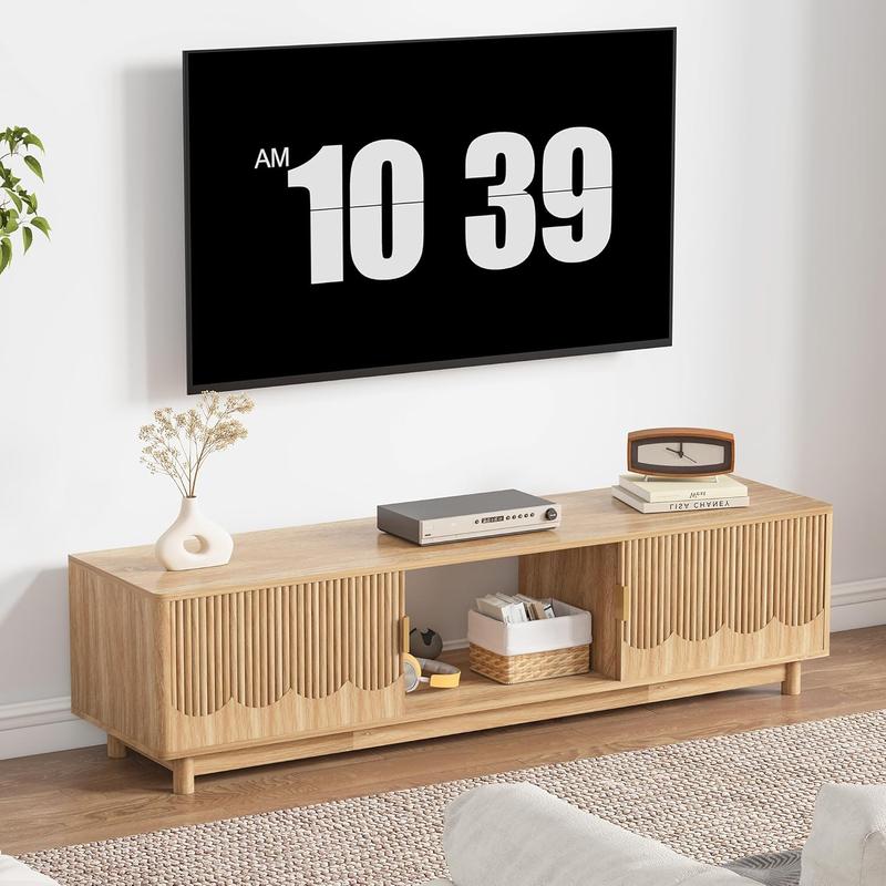 Giratree 62.2" Mid-Century Modern TV Stand, Curved Wooden Media Console with Slatted Storage Doors for 50–70 Inch TVs