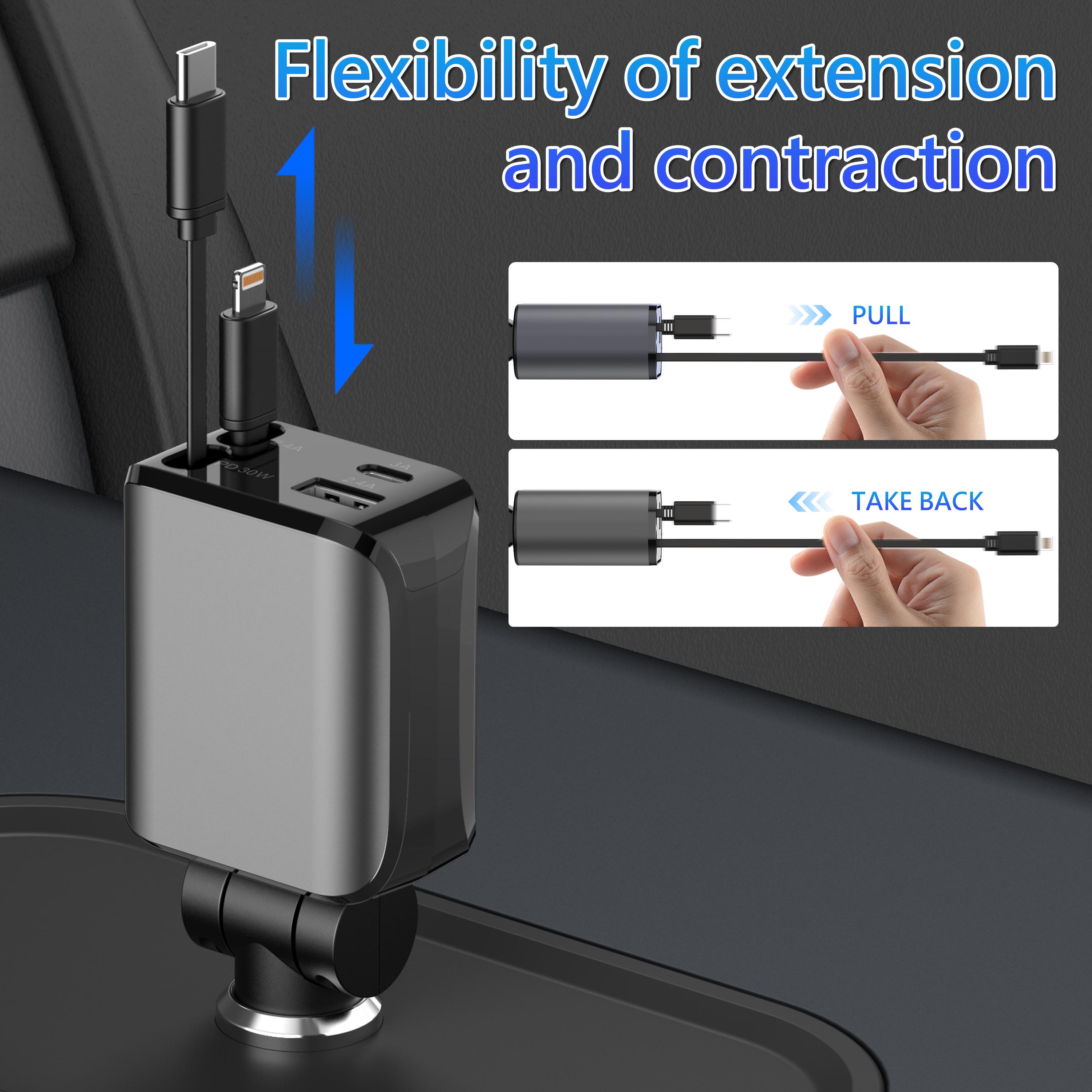 4-in-1 Retractable Car Charger, 60W Fast USB C Charging Adapter with Lightning Cable & Dual Ports for iPhone, iPad, AirPods, Samsung, Google Devices 4-in-1 Retractable Car Charger, 60W Fast USB C Charging Adapter with Lightning Cable & Dual Ports for iPhone, iPad, AirPods, Samsung, Google Devices