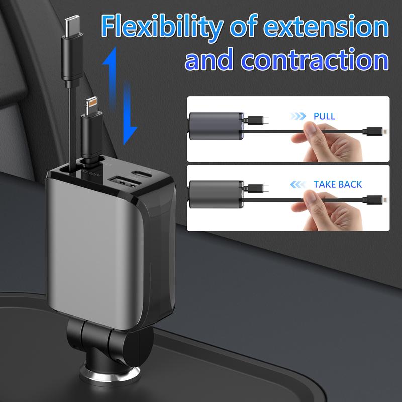 4-in-1 Retractable Car Charger, 60W Fast USB C Charging Adapter with Lightning Cable & Dual Ports for iPhone, iPad, AirPods, Samsung, Google Devices