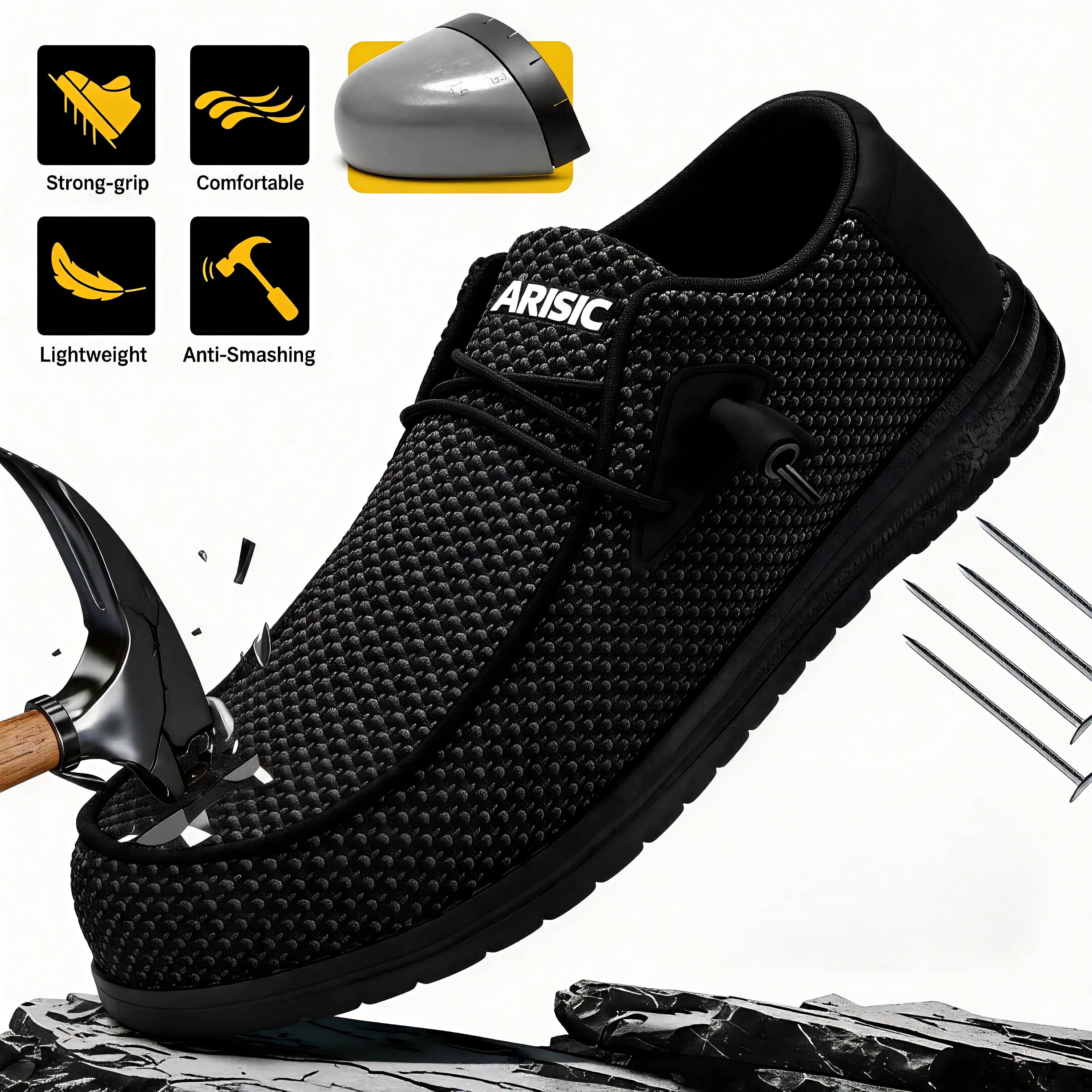 Men's Steel Toe Loafers, Lightweight Breathable Slip-On Casual Walking Shoes with a Comfortable Wide Fit, Casual Walking Shoe, Lifestyle Walking Shoe