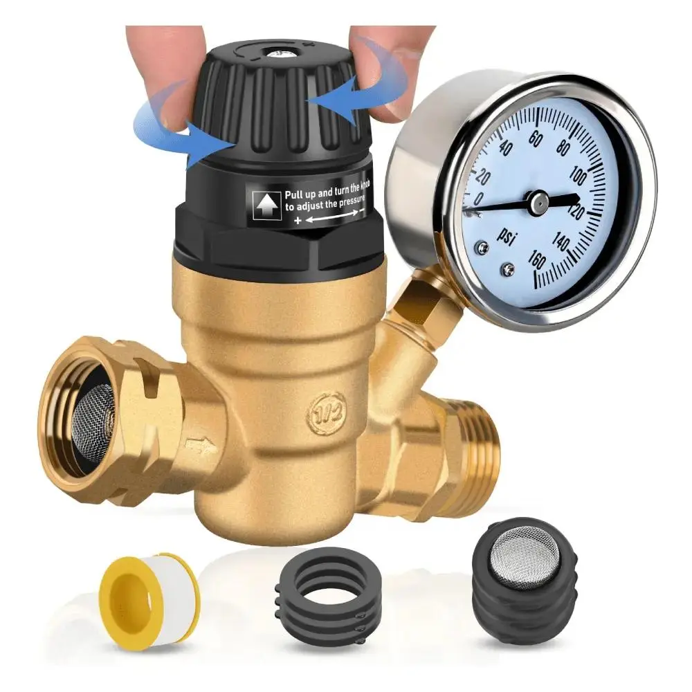 Nilight Adjustable Brass RV Camper Water Pressure Regulator - 0-160psi Handwheel Adjustment, Oil-Filled Gauge, 3/4" Female Hose Inlet, Source Female Fitting, Ergonomic Handle, 3 Hose Gaskets, for Home Plumbing (Fits Almost All American Systems)