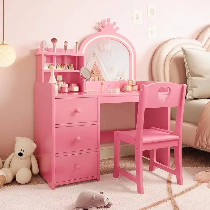 White Princess Wooden Vanity Desk with Mirror - Makeup Dresser, Dressing Table Set, Vanity Tables, LED Lights, Chair, Storage Shelves, Drawers, 2-in-1 Makeup Organization Solution for Girls, Princess Dress‑Up