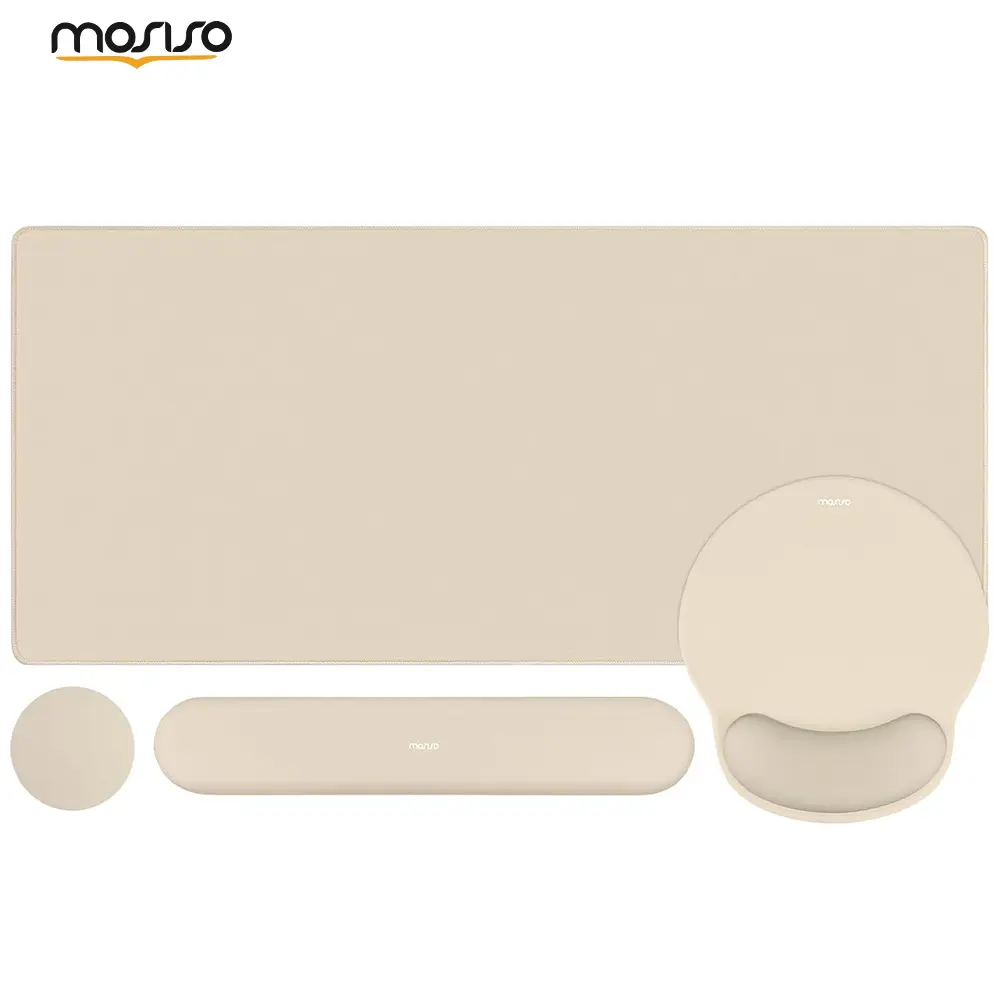 MOSISO Ergonomic Keyboard Wrist Rest Desk Accessory Set - Neoprene Cloth Large Pad (17.32x3.15in), Curved Edge Circular Gaming Mouse Pad (3.9in Diameter), Non-Slip Silicone-Lined Coaster (9.65x8.66in) for Ergo Support Typing