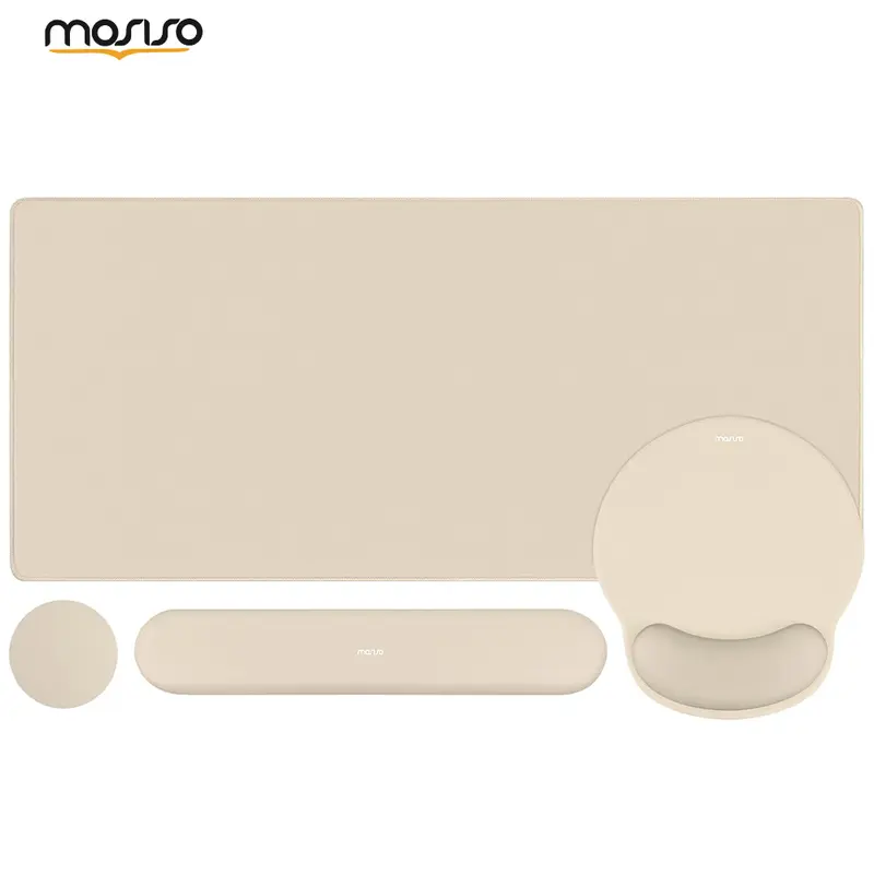 MOSISO Ergonomic Keyboard Wrist Rest Desk Accessory Set - Work Accessories, Office Gadgets for Gamers, PC; Neoprene Cloth 17.32x3.15in Large Pad, 3.9in Curved Edge Circular Mouse Pad, 9.65x8.66in Non-Slip Silicone-Lined Minimalist Coaster