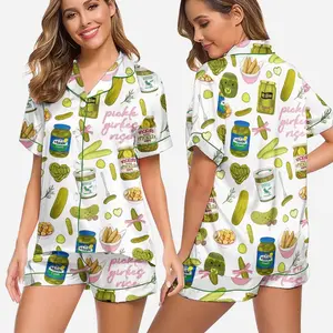 2026 Full Set Women's Pickle Print Satin Pajamas Set Printed Comfortable Satin Pajamas, kawaii pajamas,  cute cartoon pajamas,  pink pajamas,  summer pajama set,  gift for her