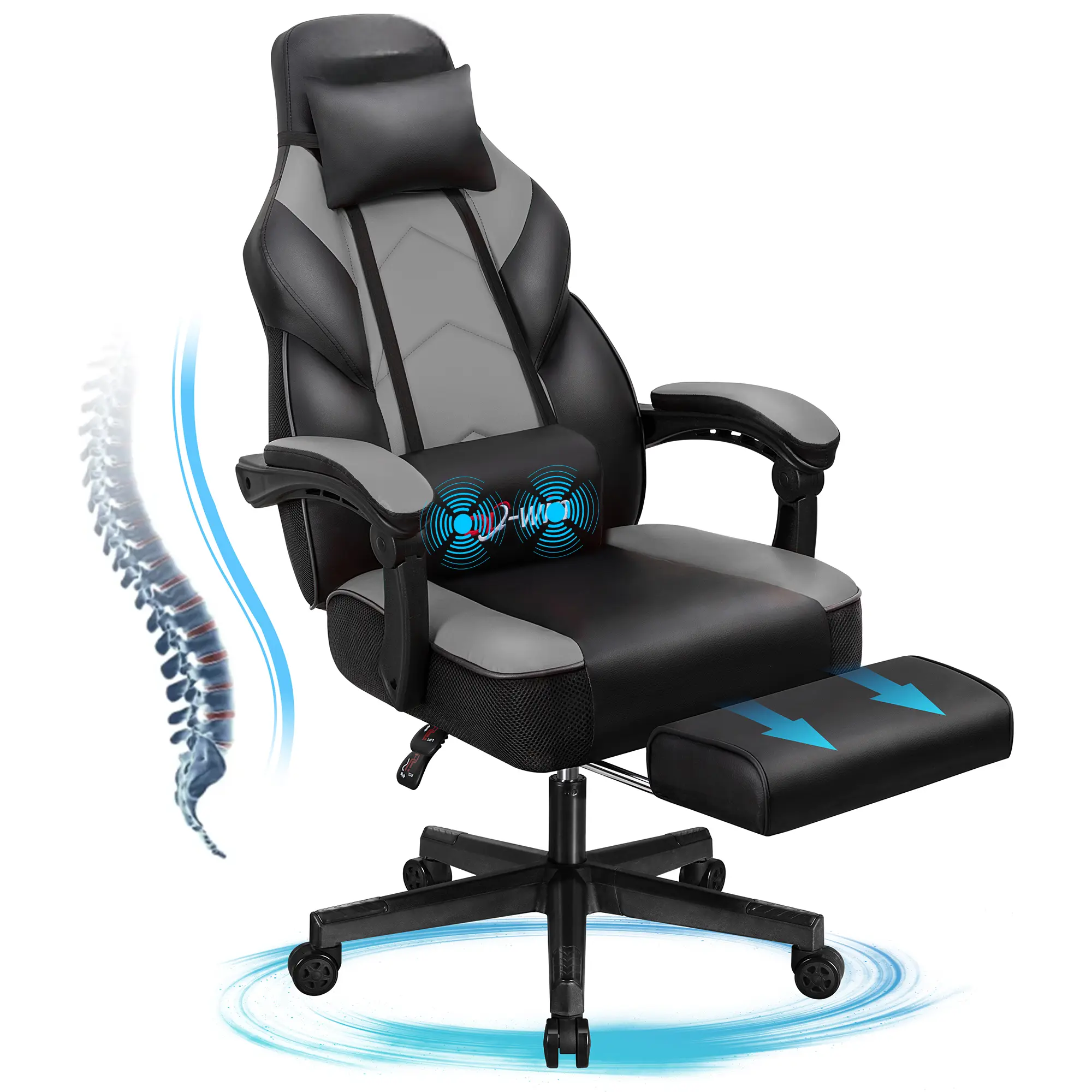 Walsunny Gaming Chair with Footrest, High Back Ergonomic Comfortable Office Computer Video Chair with Lumbar Support Height Adjustable with PU Leather