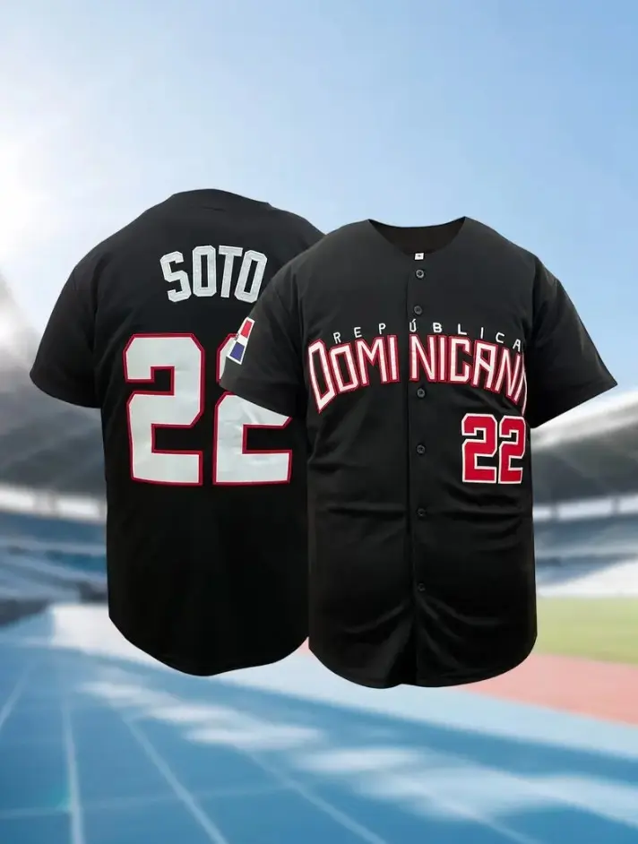 Soto 22 República Dominicana Black Baseball Jersey, Custom Unisex Streetwear Hip-Hop Sports Button-Down Shirt