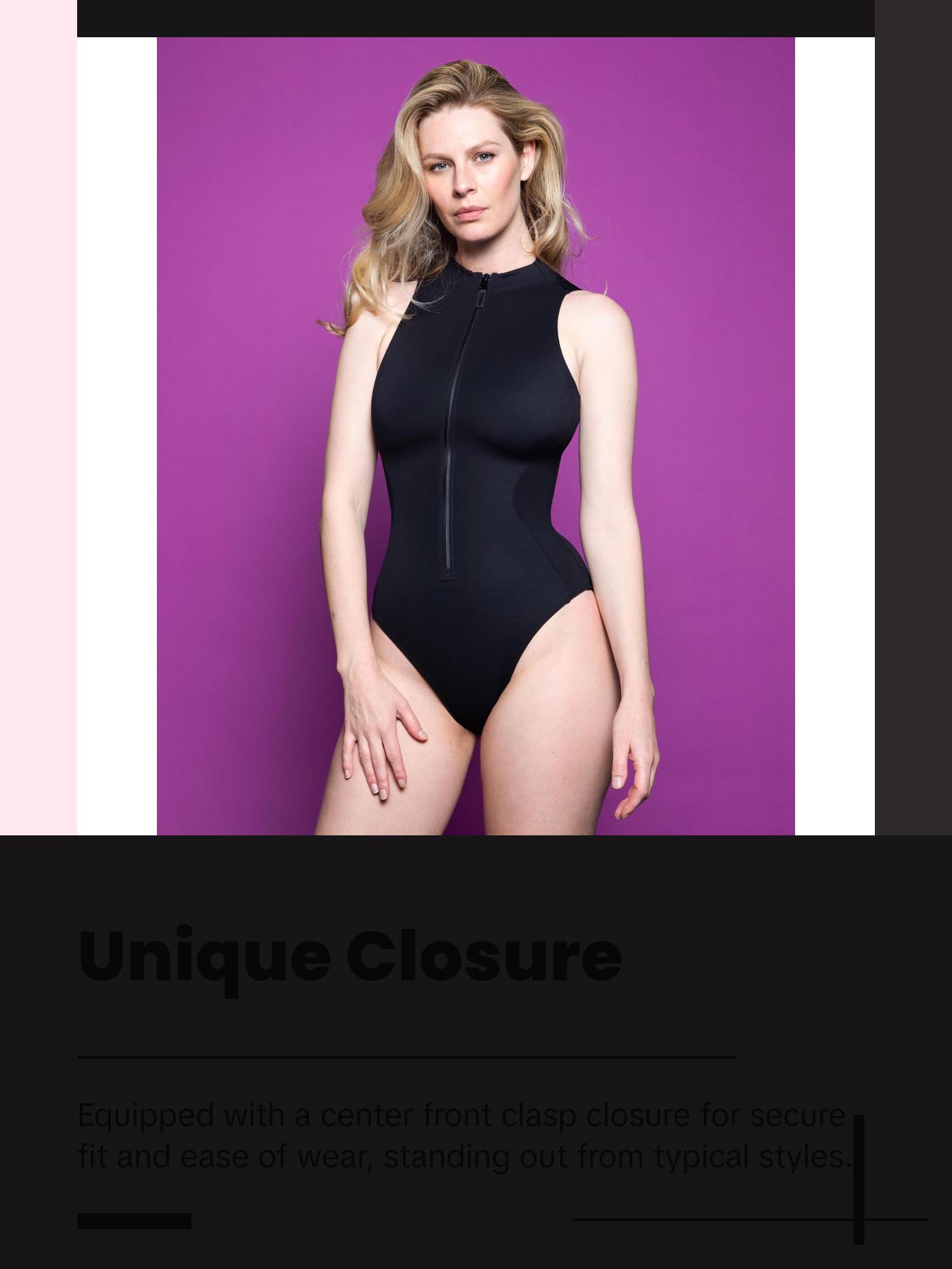 Sleeveless Surfy Black Swimwear with Deep V-Neckline and Front Zipper Closure